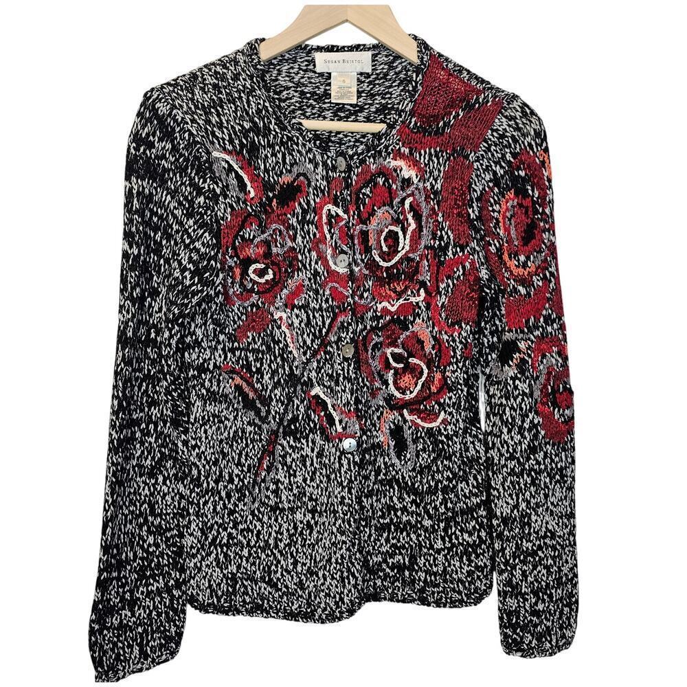Susan Bristol Knit Flower Embroidered Cardigan Sweater Black Red‎ Size Small